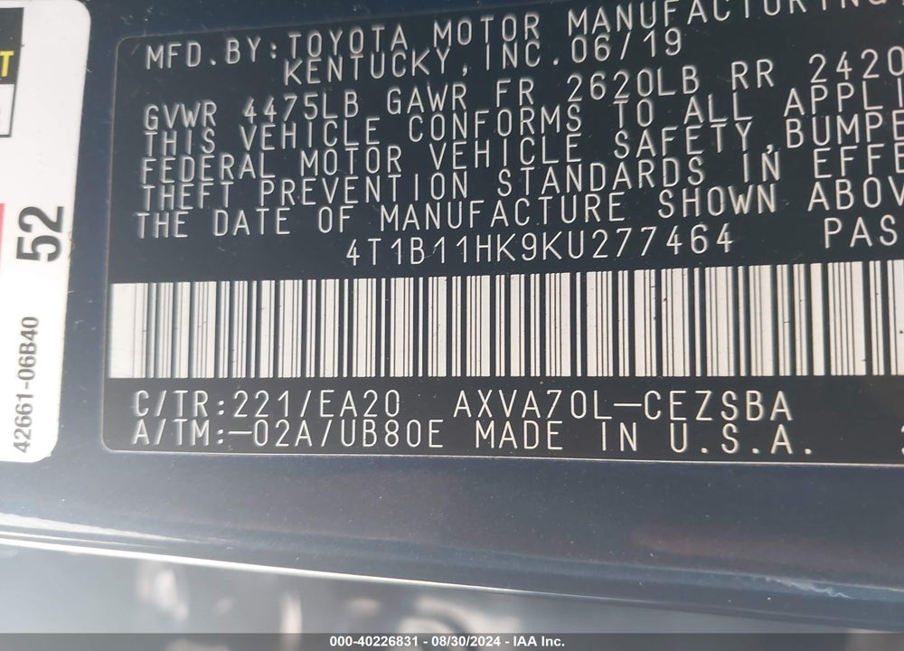 2019 TOYOTA CAMRY SE VIN: 4T1B11HK9KU277464