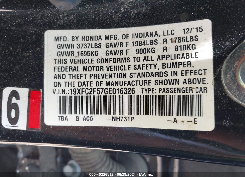 2016 HONDA CIVIC LX VIN: 19XFC2F57GE016326
