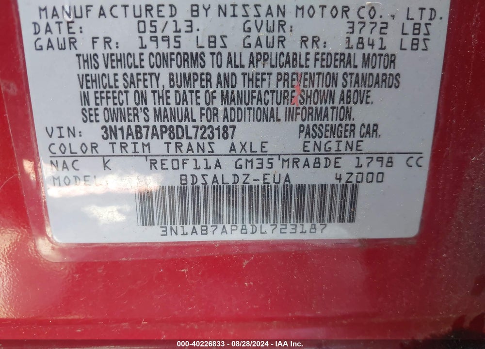 2013 NISSAN SENTRA SV VIN: 3N1AB7AP8DL723187