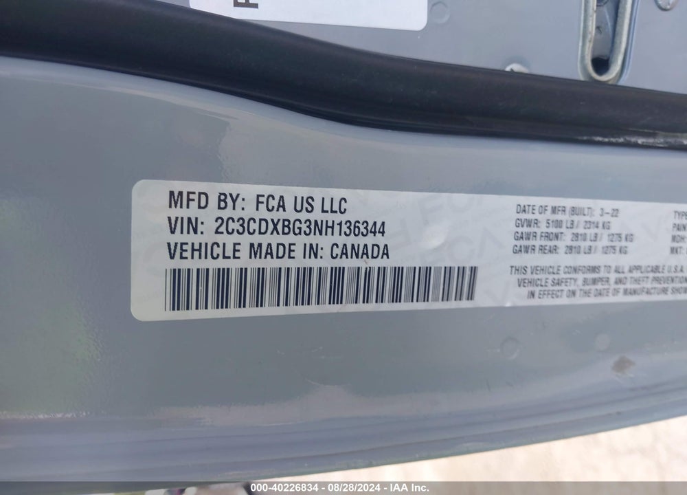 2022 DODGE CHARGER SXT RWD VIN: 2C3CDXBG3NH136344
