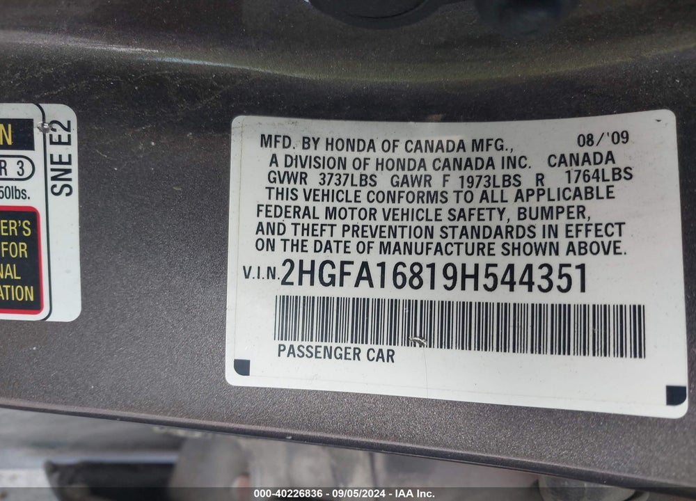 2009 HONDA CIVIC EX VIN: 2HGFA16819H544351