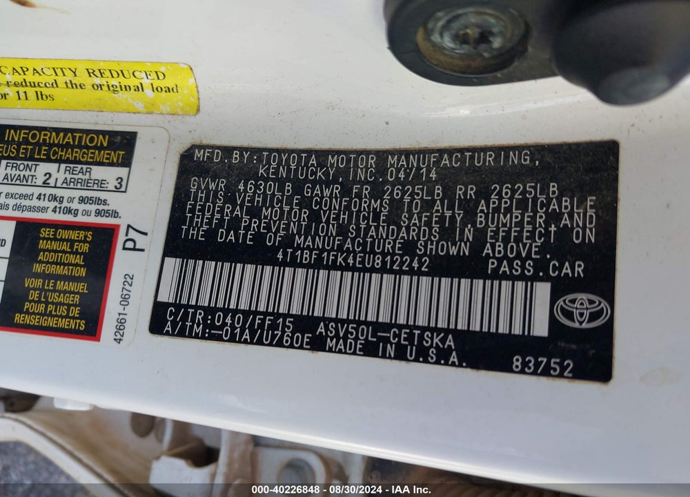 2014 TOYOTA CAMRY SE VIN: 4T1BF1FK4EU812242