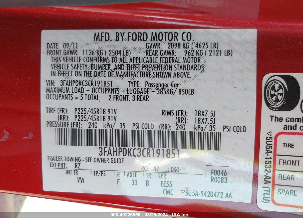 2012 FORD FUSION SPORT VIN: 3FAHP0KC3CR191851