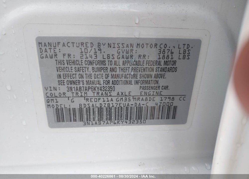 2019 NISSAN SENTRA SV VIN: 3N1AB7AP6KY432350