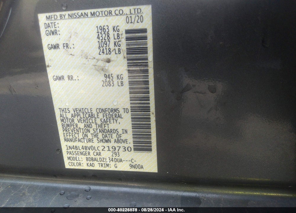 2020 NISSAN ALTIMA S FWD VIN: 1N4BL4BV0LC219730