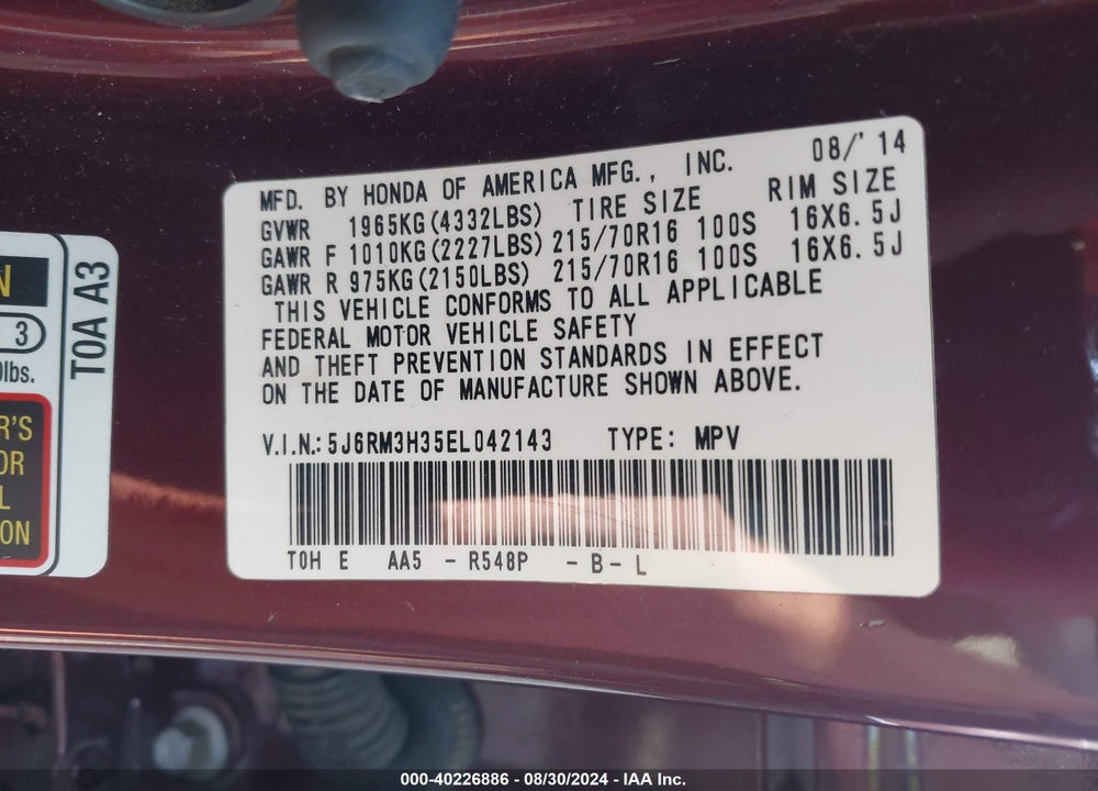 2014 HONDA CR-V LX VIN: 5J6RM3H35EL042143