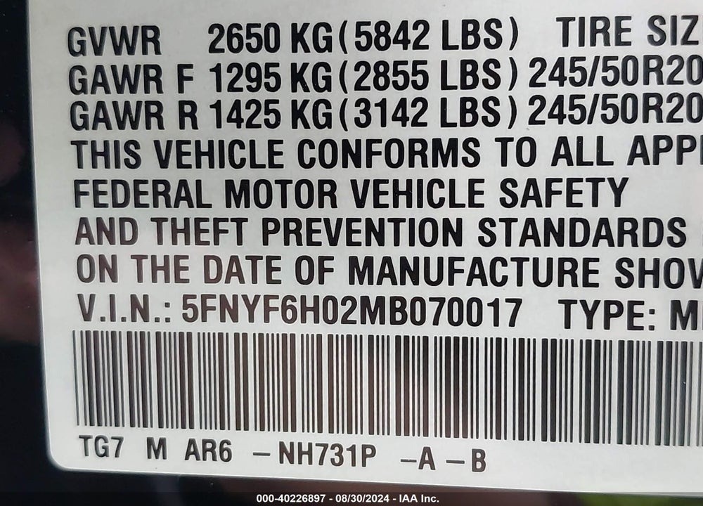 2021 HONDA PILOT AWD ELITE VIN: 5FNYF6H02MB070017