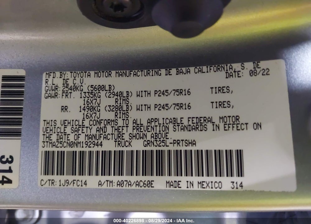 2022 TOYOTA TACOMA SR5 V6 VIN: 3TMAZ5CN0NM192944