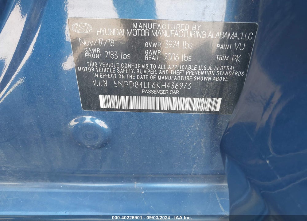 2019 HYUNDAI ELANTRA SEL VIN: 5NPD84LF6KH436973