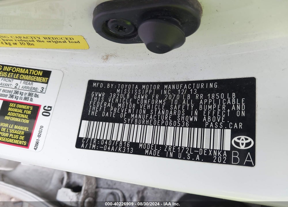 2014 TOYOTA COROLLA LE PLUS VIN: 5YFBURHE0EP060536