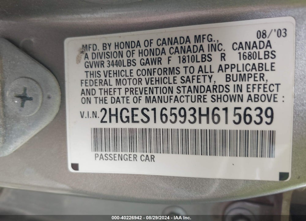 2003 HONDA CIVIC VIN: 2HGES16593H615639