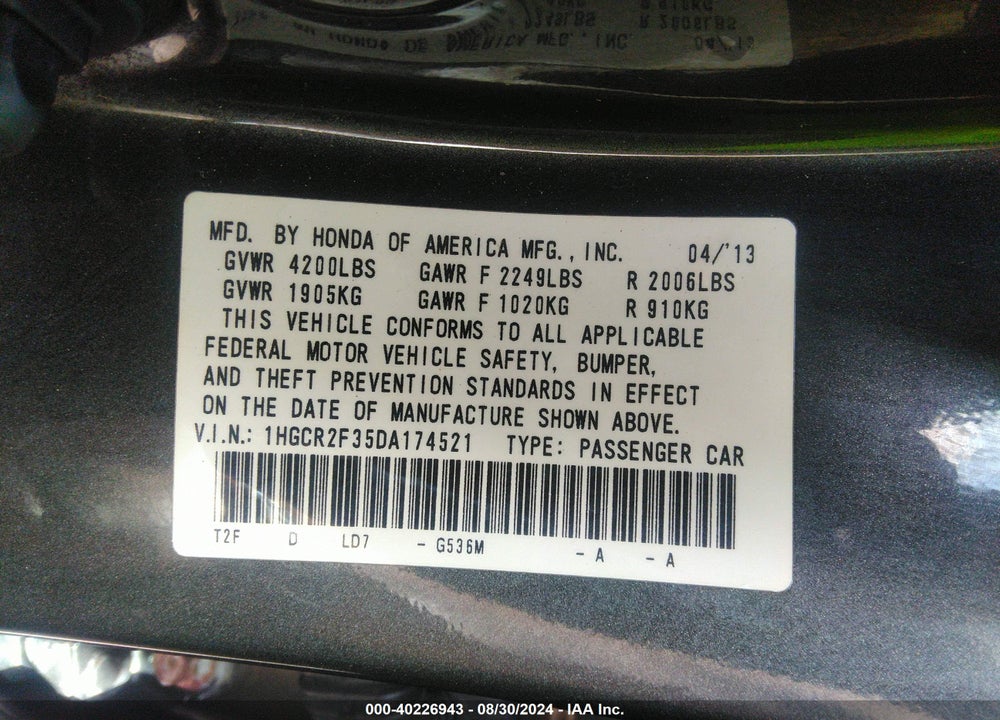 2013 HONDA ACCORD LX VIN: 1HGCR2F35DA174521