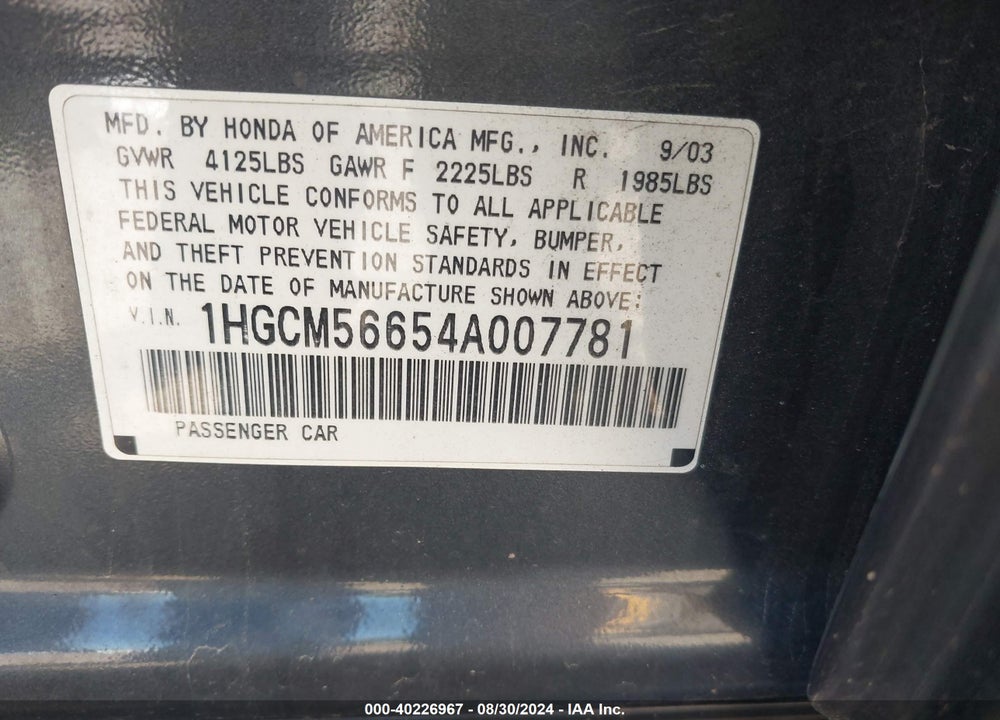 2004 HONDA ACCORD VIN: 1HGCM56654A007781
