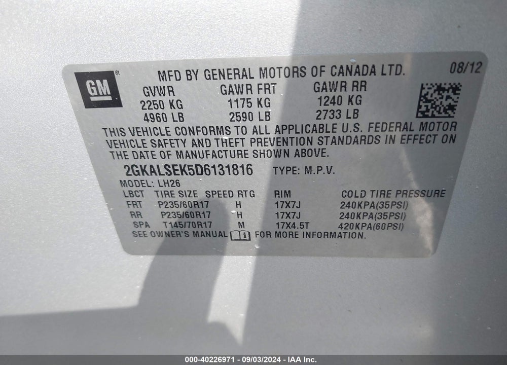 2013 GMC TERRAIN SLE-2 VIN: 2GKALSEK5D6131816
