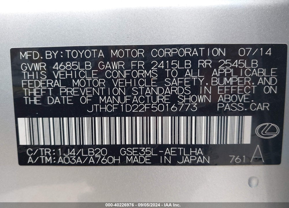 2015 LEXUS IS 250 VIN: JTHCF1D22F5016773