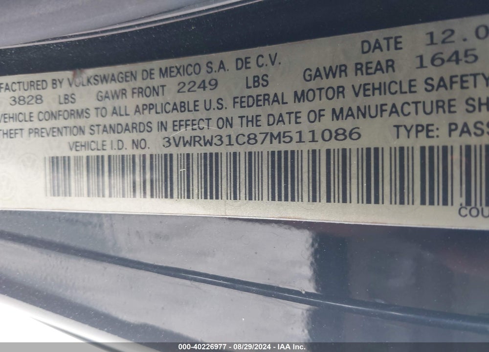 2007 VOLKSWAGEN NEW BEETLE 2.5 VIN: 3VWRW31C87M511086