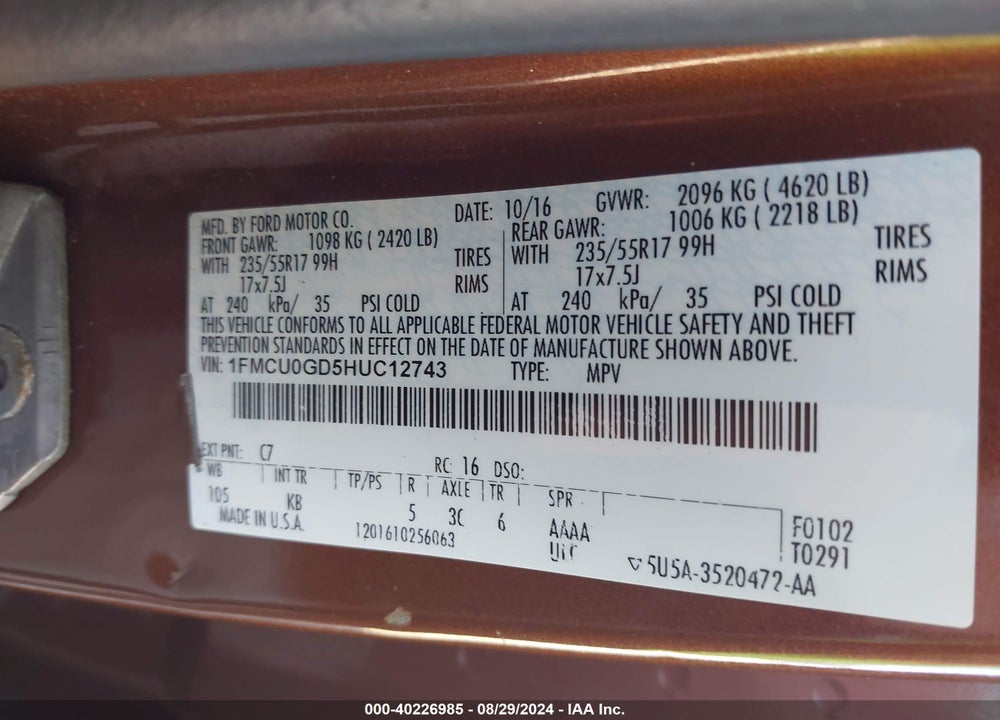2017 FORD ESCAPE SE VIN: 1FMCU0GD5HUC12743