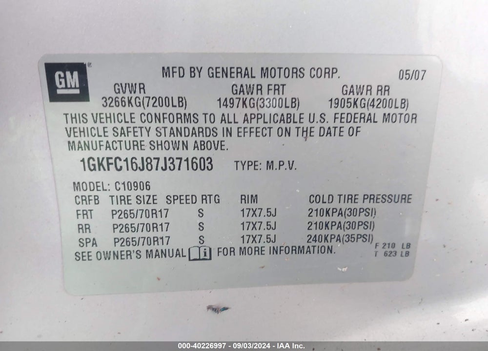 2007 GMC YUKON XL 1500 SLT VIN: 1GKFC16J87J371603