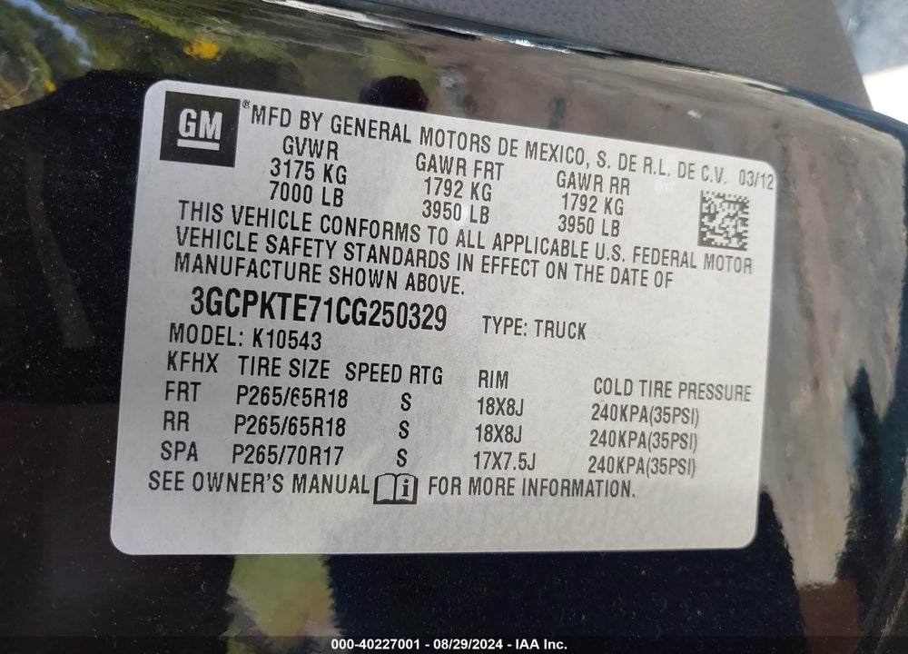 2012 CHEVROLET SILVERADO 1500 LTZ VIN: 3GCPKTE71CG250329