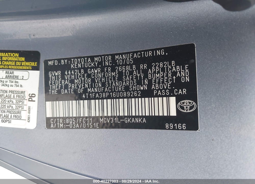 2006 TOYOTA CAMRY SOLARA SE VIN: 4T1FA38P16U089262