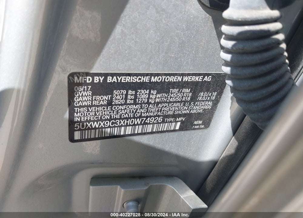 2017 BMW X3 XDRIVE28I VIN: 5UXWX9C3XH0W74926