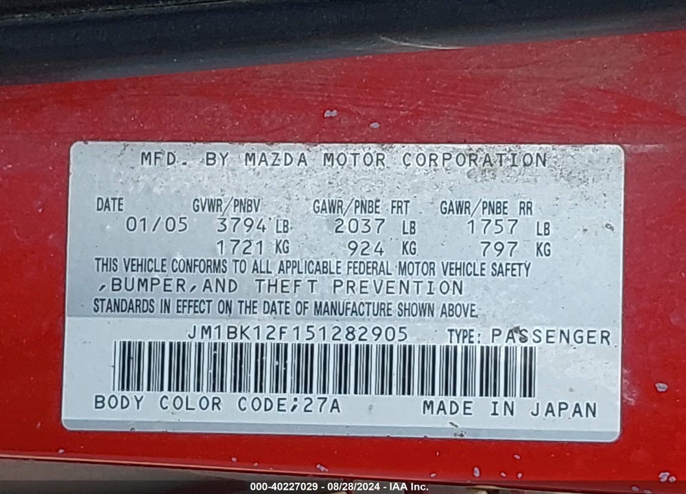 2005 MAZDA 3 I VIN: JM1BK12F151282905
