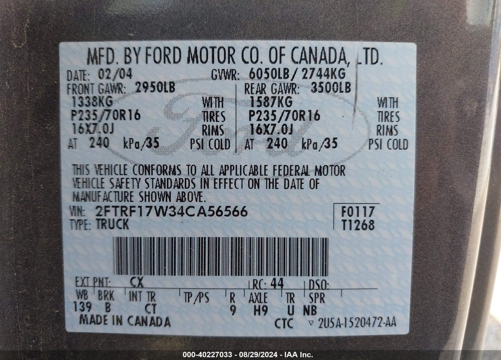 2004 FORD F-150 HERITAGE XL/XLT VIN: 2FTRF17W34CA56566