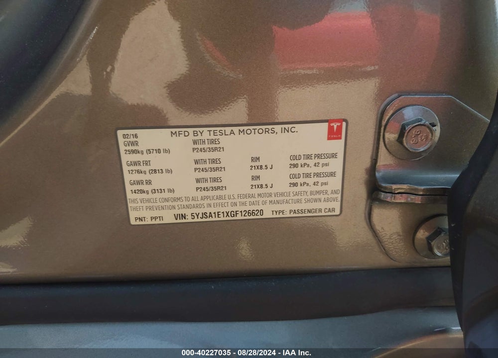 2016 TESLA MODEL S VIN: 5YJSA1E1XGF126620