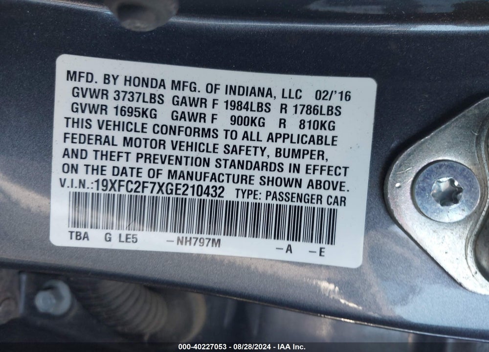 2016 HONDA CIVIC EX VIN: 19XFC2F7XGE210432