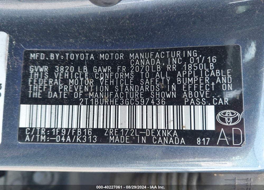 2016 TOYOTA COROLLA LE VIN: 2T1BURHE3GC597436
