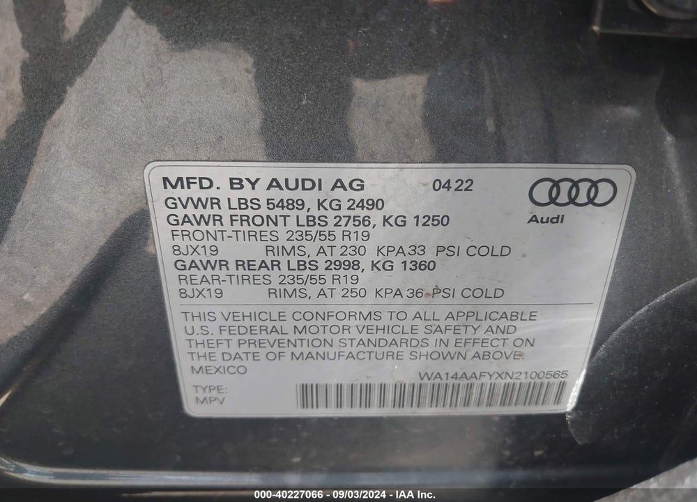 2022 AUDI Q5 SPORTBACK PREMIUM 45 TFSI S LINE QUATTRO S TRONIC VIN: WA14AAFYXN2100565