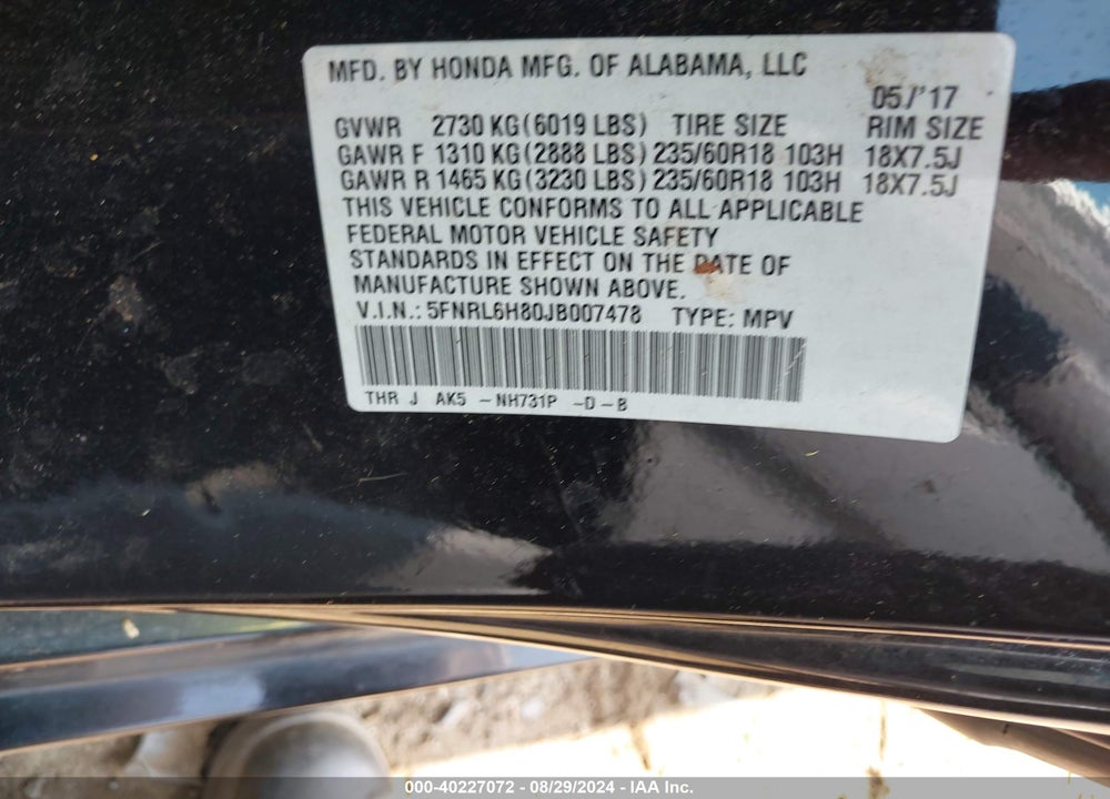 2018 HONDA ODYSSEY TOURING VIN: 5FNRL6H80JB007478