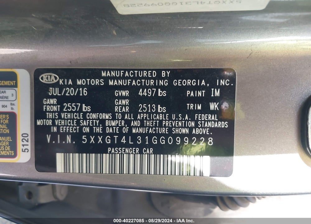 2016 KIA OPTIMA LX VIN: 5XXGT4L31GG099228
