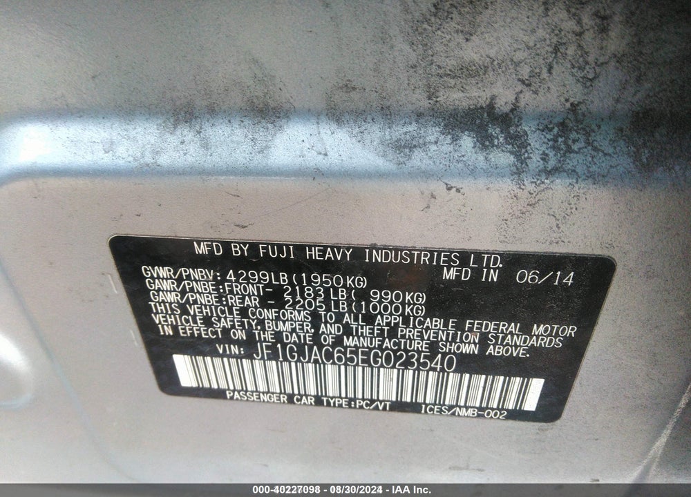 2014 SUBARU IMPREZA 2.0I PREMIUM VIN: JF1GJAC65EG023540