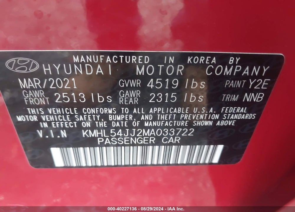 2021 HYUNDAI SONATA LIMITED VIN: KMHL54JJ2MA033722