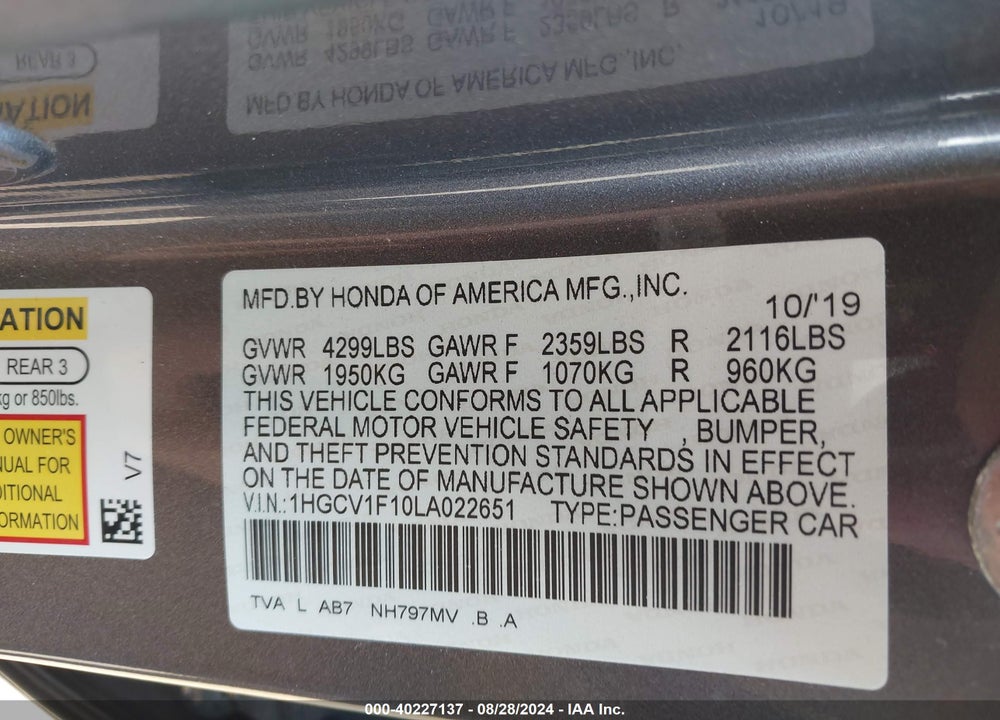 2020 HONDA ACCORD LX VIN: 1HGCV1F10LA022651