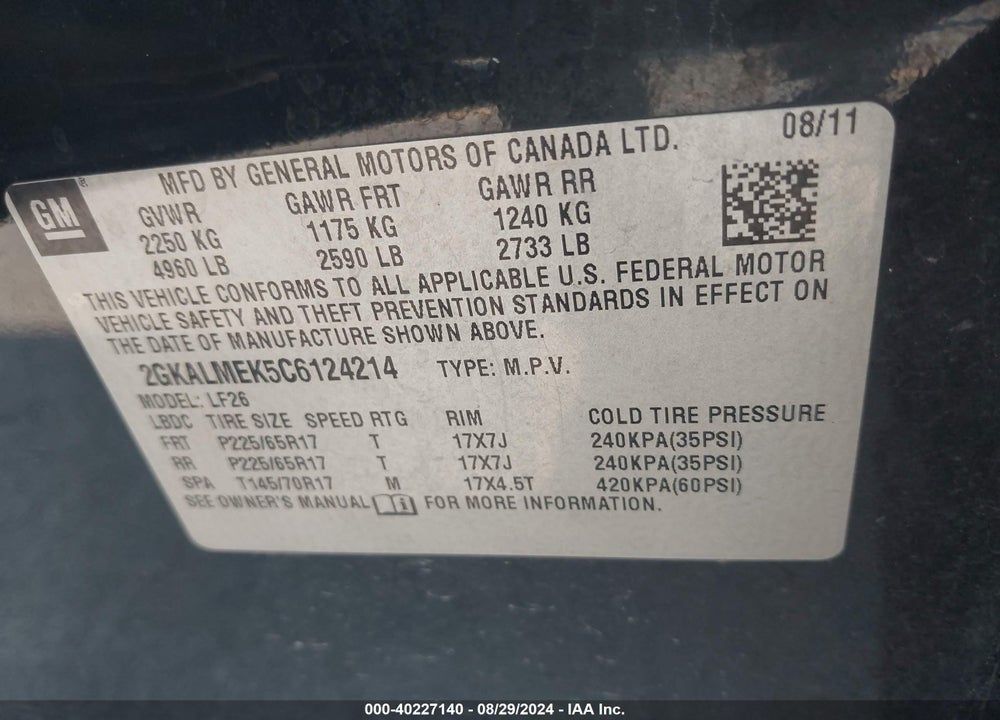 2012 GMC TERRAIN SLE-1 VIN: 2GKALMEK5C6124214