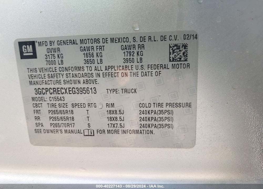 2014 CHEVROLET SILVERADO 1500 1LT VIN: 3GCPCRECXEG395613