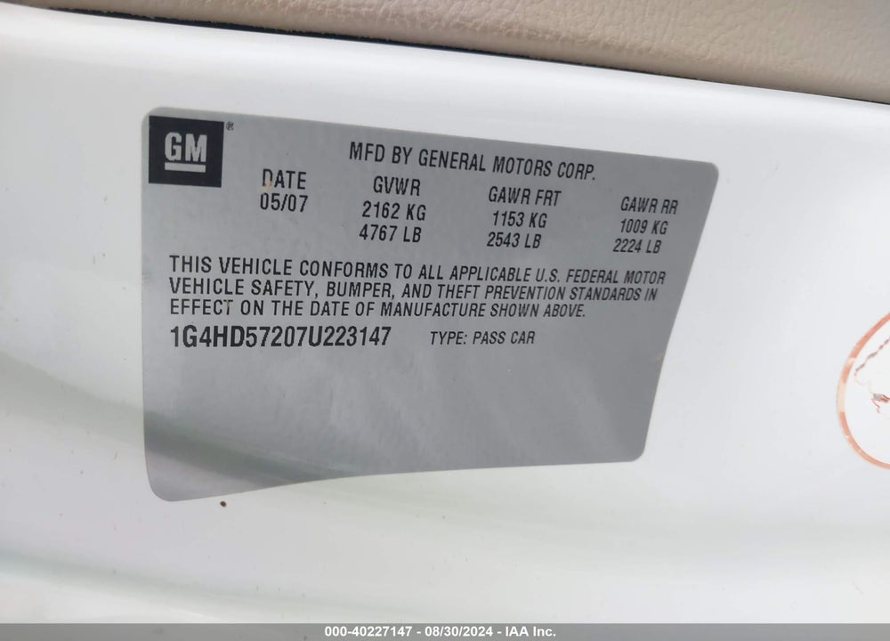 2007 BUICK LUCERNE CXL VIN: 1G4HD57207U223147