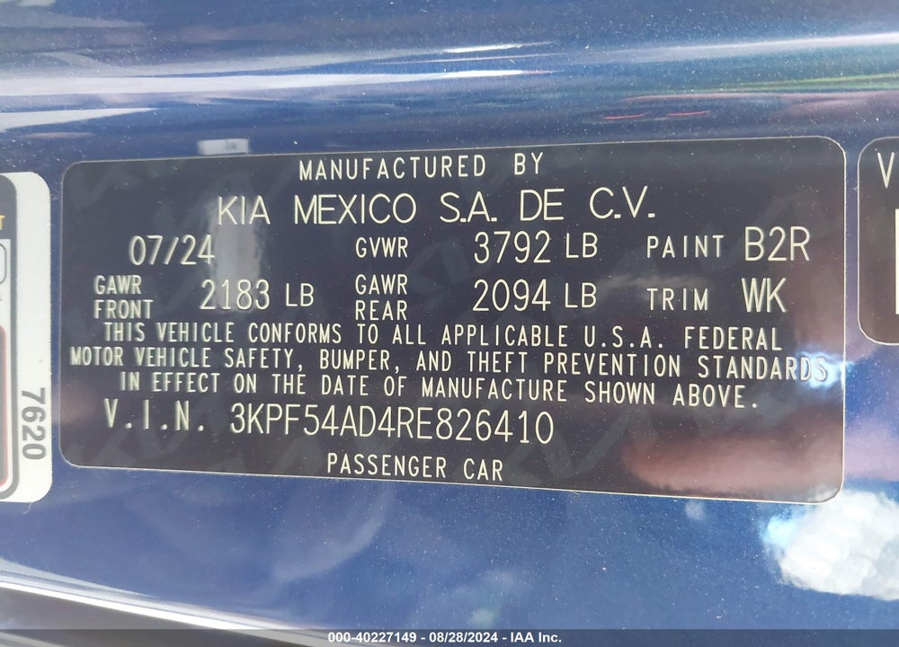 2024 KIA FORTE GT LINE VIN: 3KPF54AD4RE826410