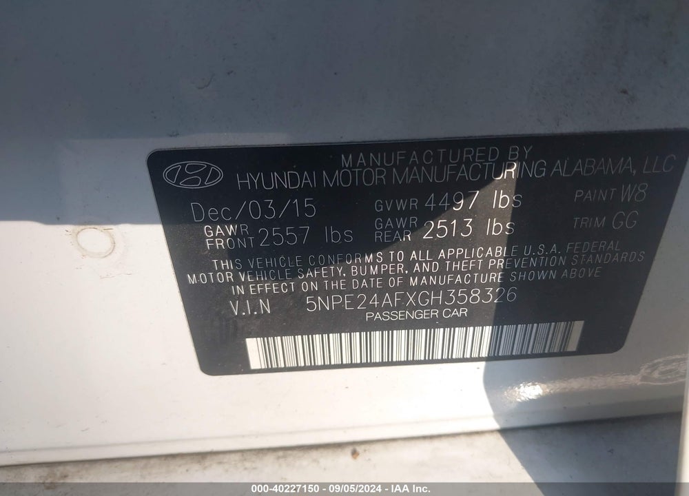 2016 HYUNDAI SONATA SE VIN: 5NPE24AFXGH358326