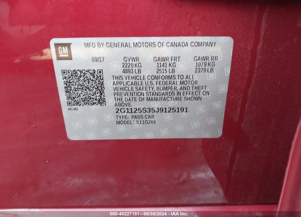 2018 CHEVROLET IMPALA 2LZ VIN: 2G1125S35J9125191