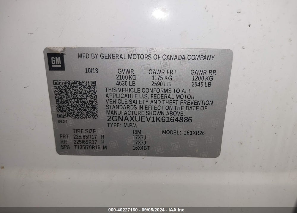 2019 CHEVROLET EQUINOX LT VIN: 2GNAXUEV1K6164886