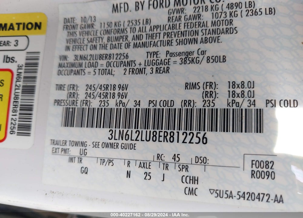 2014 LINCOLN MKZ HYBRID VIN: 3LN6L2LU8ER812256