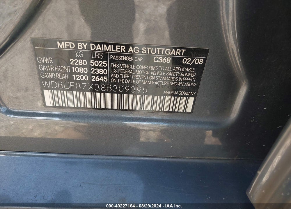 2008 MERCEDES-BENZ E 350 4MATIC VIN: WDBUF87X38B309395