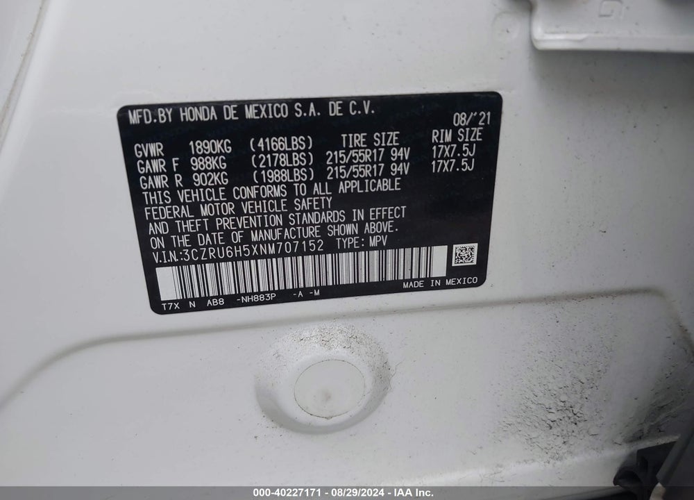 2022 HONDA HR-V AWD EX VIN: 3CZRU6H5XNM707152