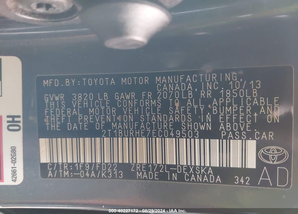 2014 TOYOTA COROLLA S PLUS VIN: 2T1BURHE7EC049503