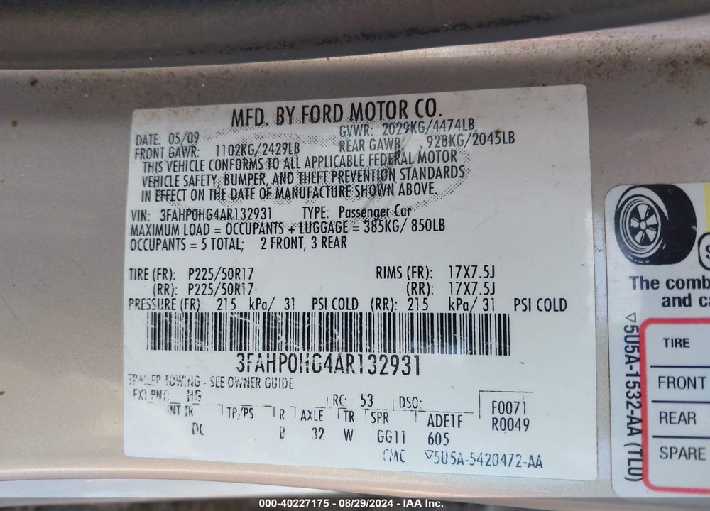 2010 FORD FUSION SE VIN: 3FAHP0HG4AR132931