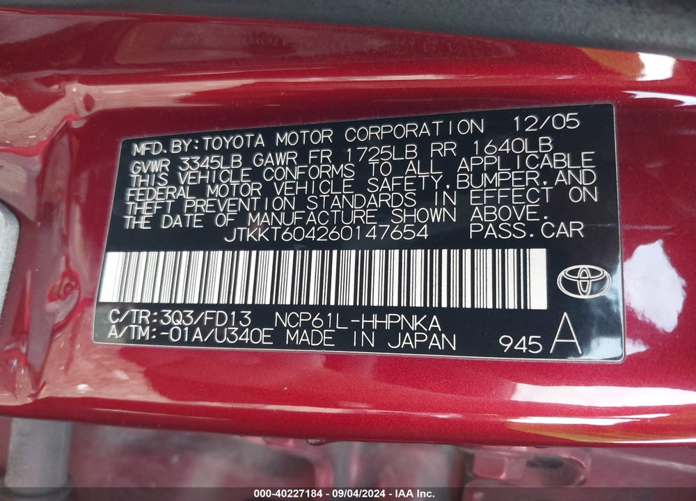2006 SCION XA VIN: JTKKT604260147654