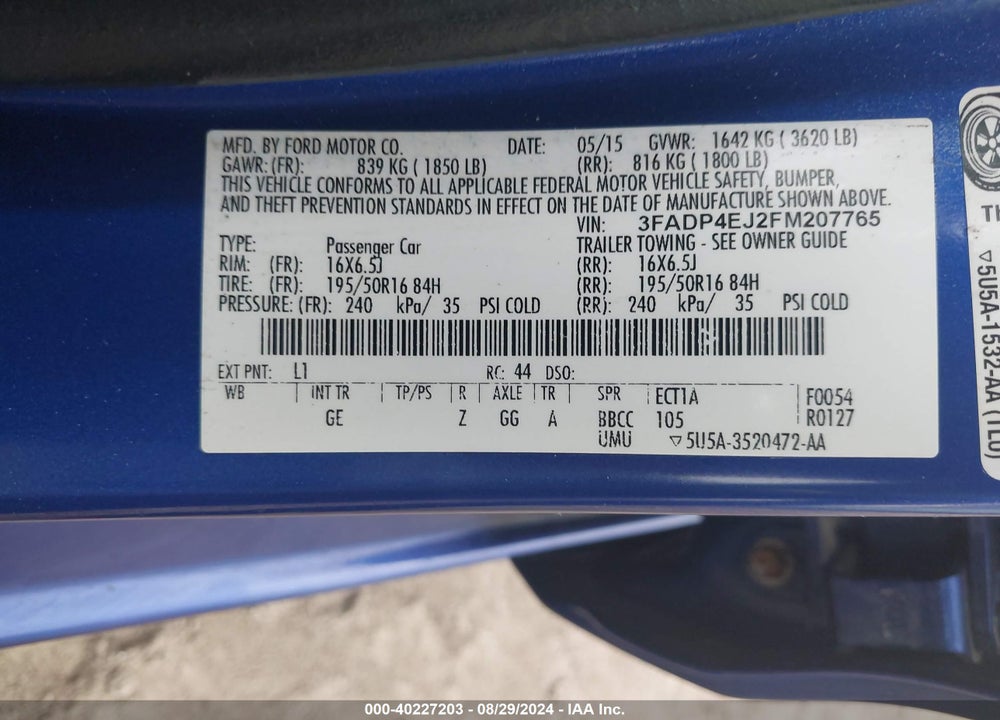 2015 FORD FIESTA SE VIN: 3FADP4EJ2FM207765